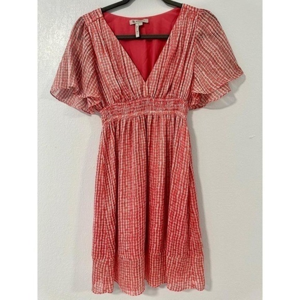BCBGeneration Red White Dot Flutter Sleeve Smocked Waist Dress Women's Sz Small